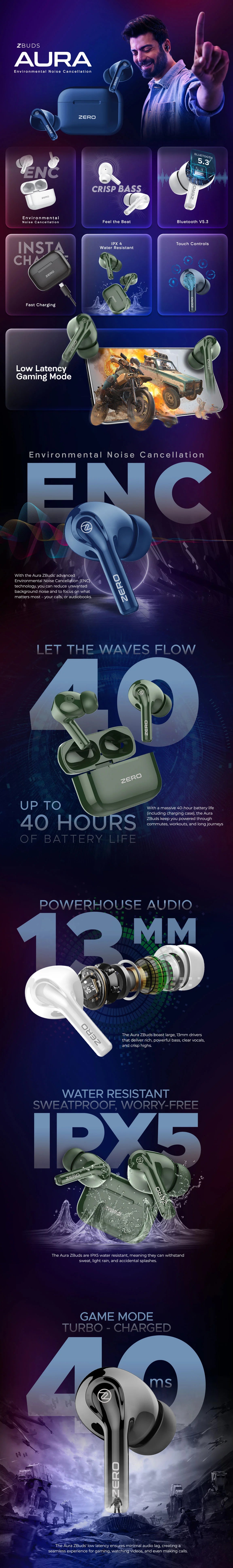 Zero Aura Earbuds – Premium Sound, ZBuds Aura with HyperBass, Quad Mic ENC, 40-Hour Battery, IPX5 Water Resistance & Aerofit Design