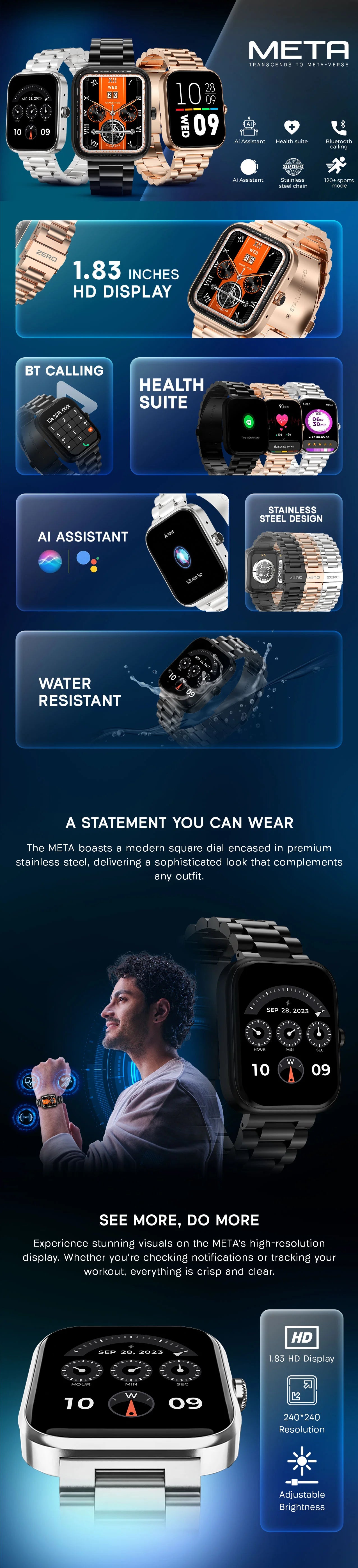 Zero Meta Smart Watch | Bluetooth Calling, SpO2, 1.32" LCD, 150+ Faces – Best Smartwatch for Android & iPhone